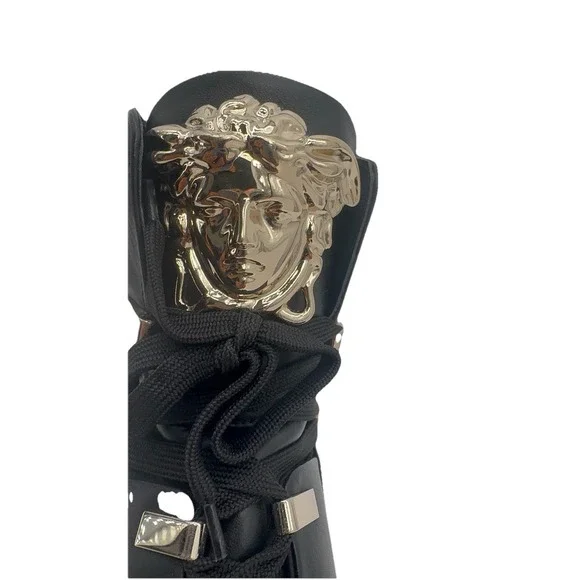 Versace Medusa‎ High Top Sneakers Black Gold Leather Made in Italy Size 40